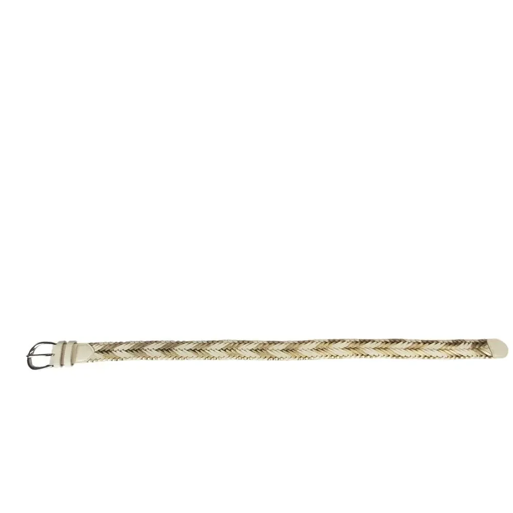 Leather Belt White Gold Silver Tone Buckle Classic Braided Adjustable 1.5 X 37.5